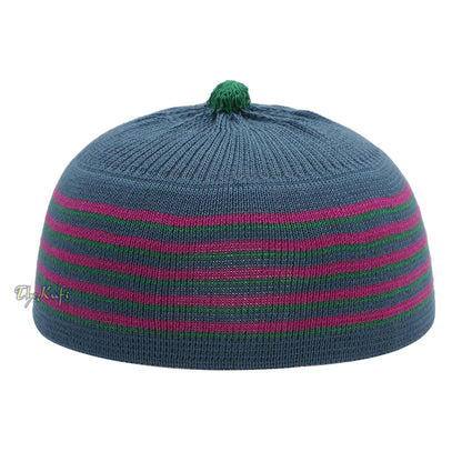 Dark Grey With Hot Pink And Green Lines Baby Or Infant Kufi Pompom Stretchable Beanie