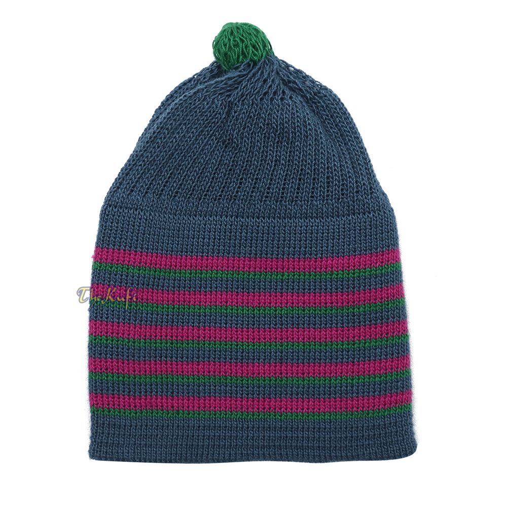 Dark Gray with Hot Pink and Green Lines Baby Or Infant Kufi Pompom Stretchable Beanie