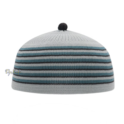 Light Grey With Turquoise And Black Lines Baby/Infant Kufi Pompom Beanie