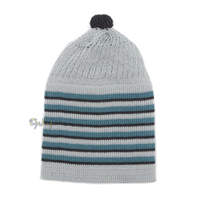 Light Grey With Turquoise And Black Lines Baby/Infant Kufi Pompom Beanie