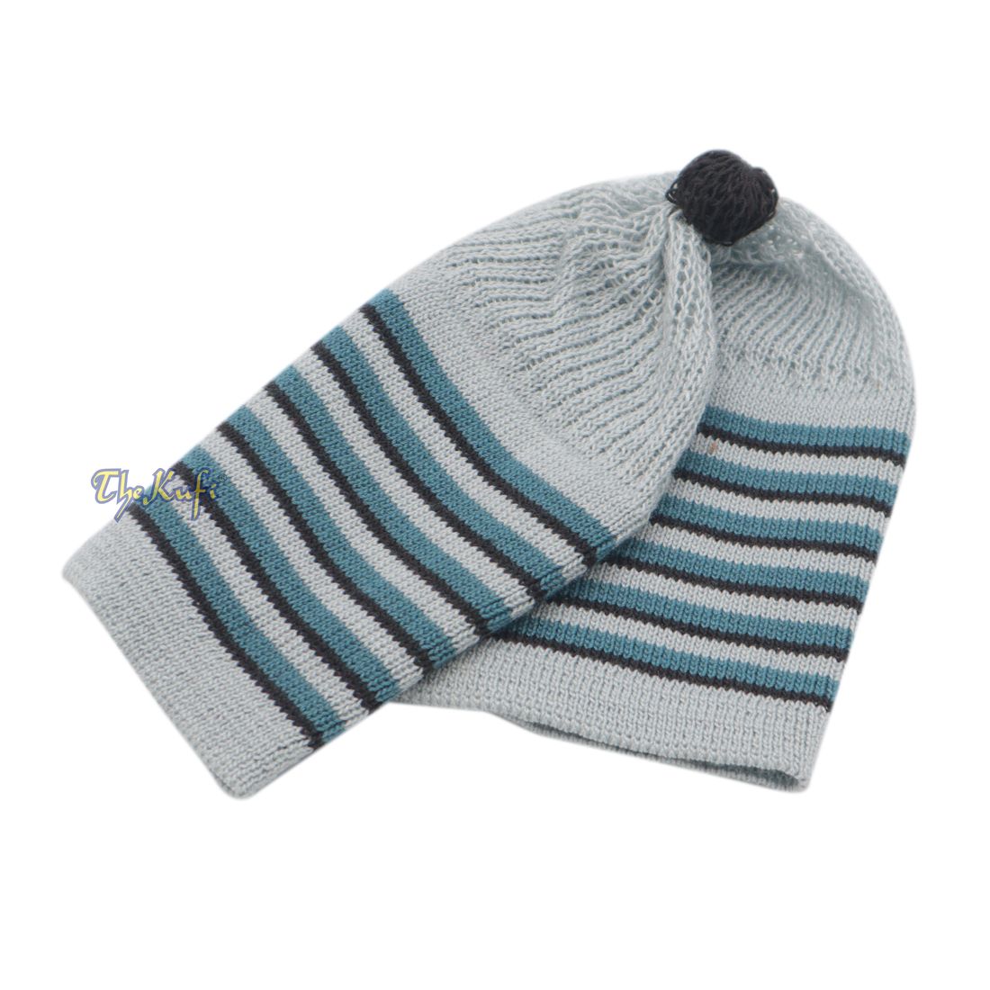 Light Grey with Turquoise and Black Lines Baby/Infant Kufi Pompom Beanie