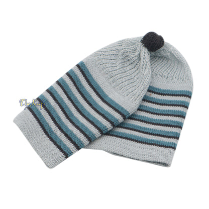 Light Grey With Turquoise And Black Lines Baby/Infant Kufi Pompom Beanie