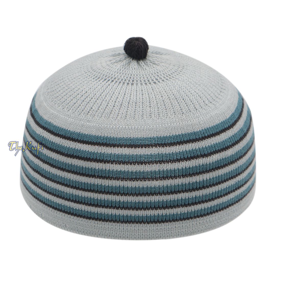 Light Grey with Turquoise and Black Lines Baby/Infant Kufi Pompom Beanie