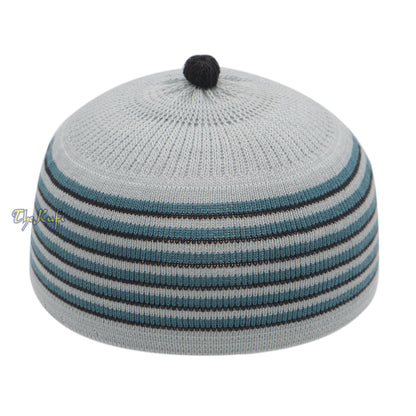 Light Grey With Turquoise And Black Lines Baby/Infant Kufi Pompom Beanie