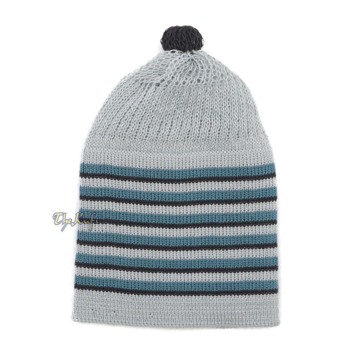 Light Gray with Turquoise and Black Lines Baby/Infant Kufi Pompom Beanie