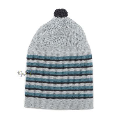 Light Gray with Turquoise and Black Lines Baby/Infant Kufi Pompom Beanie