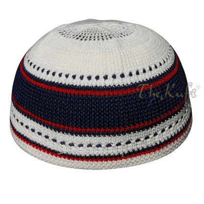 Kids Small Red, Dark Blue And Cream Cotton Stretch Kufi Skull Hat