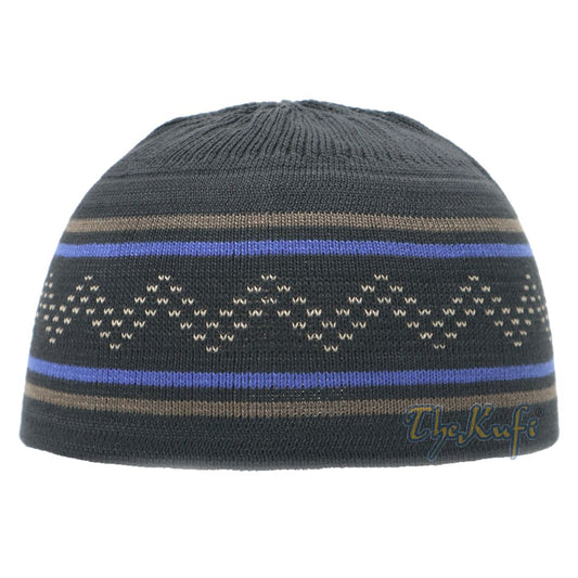 Dark Blue Brown Stripe Stretch-knit Zigzag Kufi Hat Skull Cap Beanie