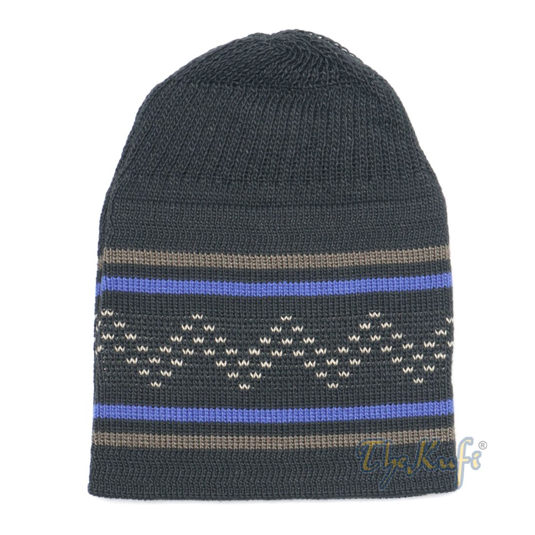 Dark Blue Brown Stripe Stretch-knit Zigzag Kufi Hat Skull Cap Beanie