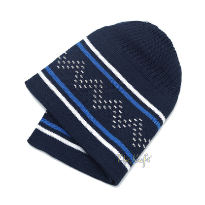 Dark Blue White Stripe Stretch-Knit Zigzag Kufi Hat Skull Cap Beanie