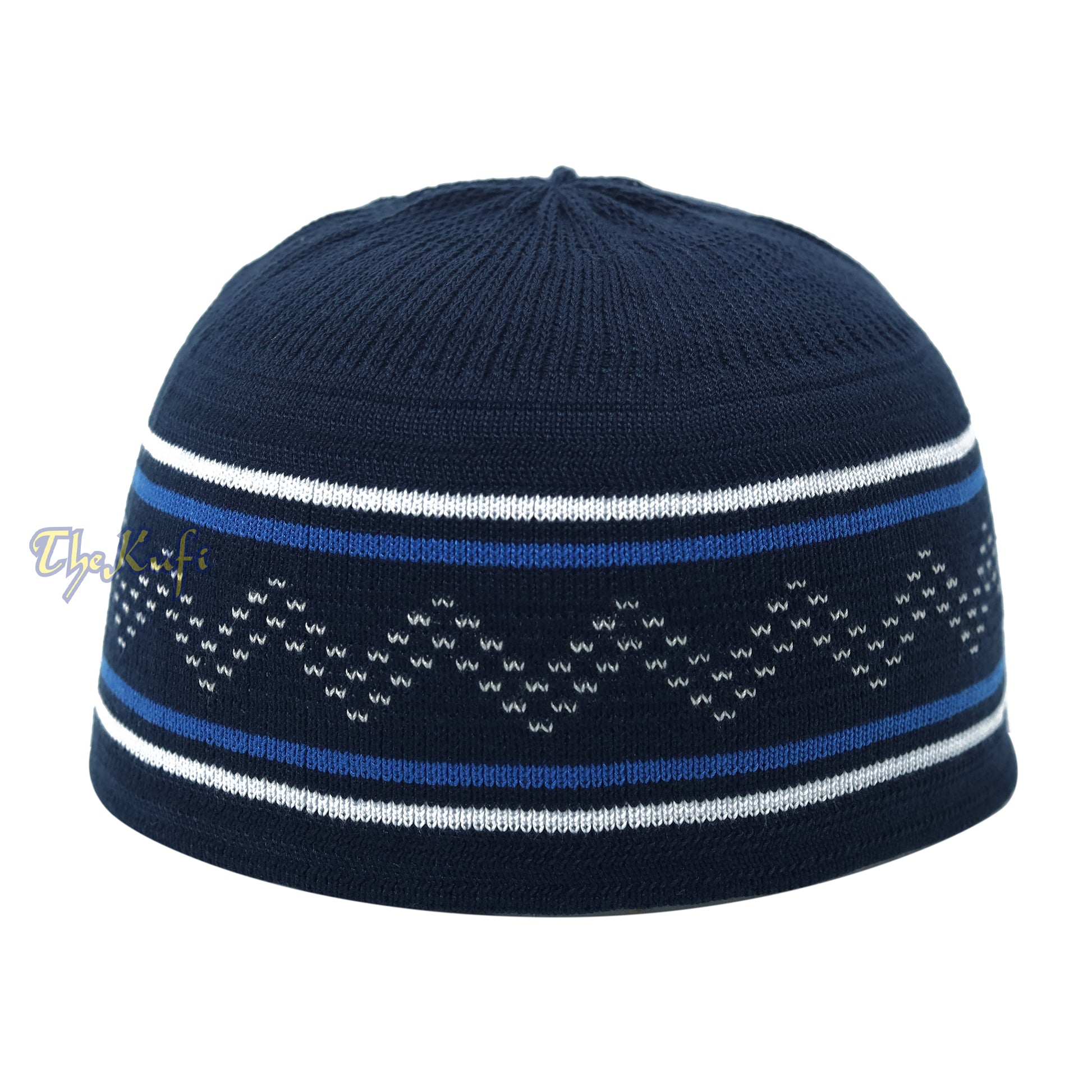 Dark Blue White Stripe Stretch-Knit Zigzag Kufi Hat Skull Cap Beanie