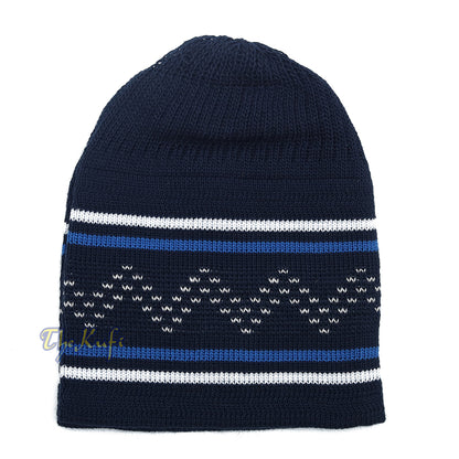 Dark Blue White Stripe Stretch-Knit Zigzag Kufi Hat Skull Cap Beanie