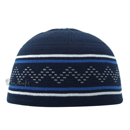 Dark Blue White Stripe Stretch-Knit Zigzag Kufi Hat Skull Cap Beanie