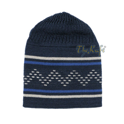 Dark Blue Gray Stripe Stretch-knit Zigzag Kufi Hat Skull Cap Beanie
