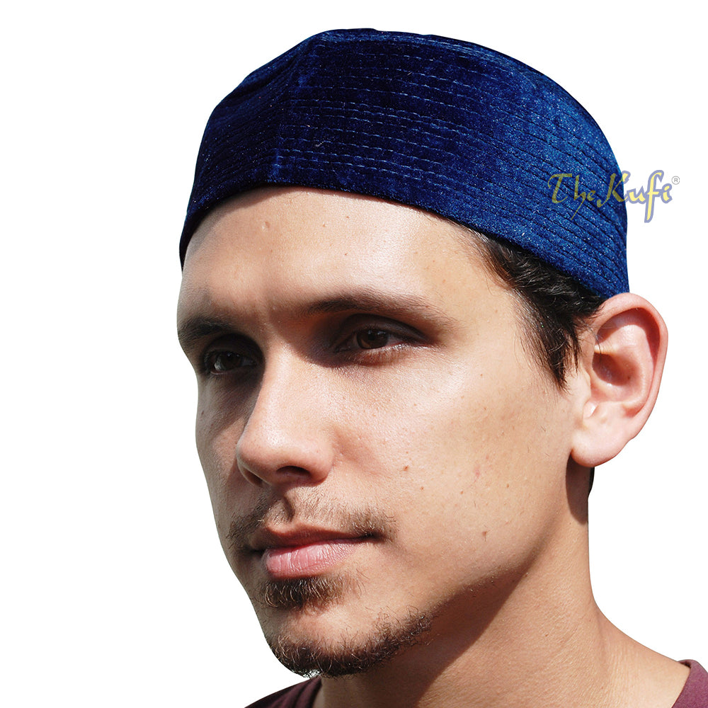 Topi Kufi Bani Hasyim Beludru Biru Kobalt Semi Kaku Gelap