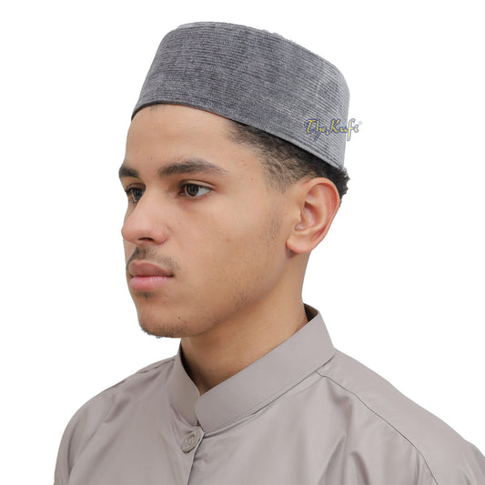 Premium Gray Velvet Turkish Fez Chechen Style Kufi Hat from Muslim Men