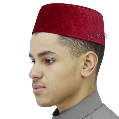 Maroon Rigid Velvet Turkish Chechen Style Kufi Hat