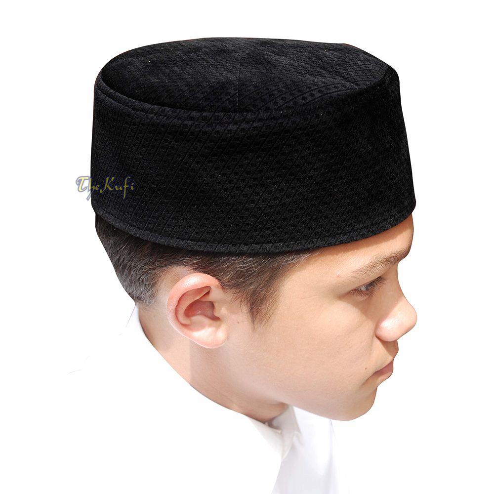 Black Smooth Velvet Semi-Stiff Kufi Hat Turkish Takke Prayer Cap