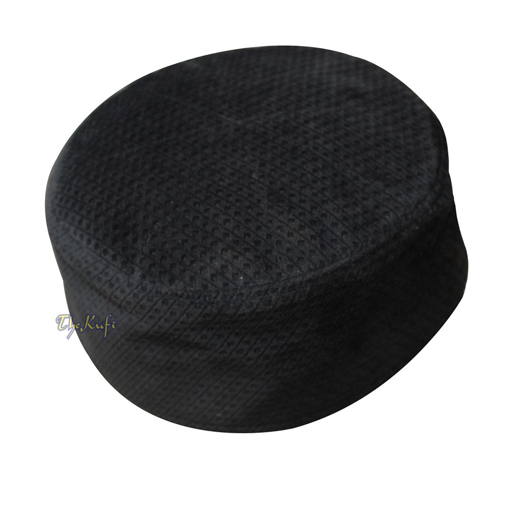 Black Smooth Velvet Semi-Stiff Kufi Hat Turkish Takke Prayer Cap