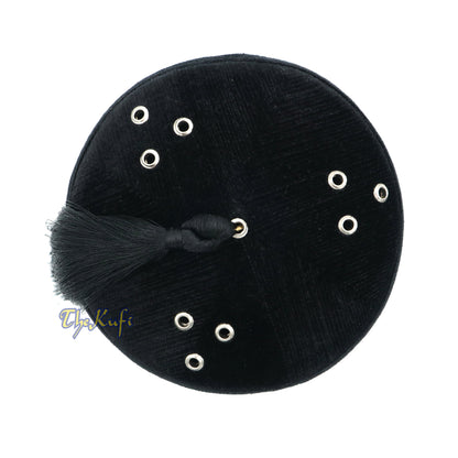 Topi Fez Beludru Hitam Tinggi - Topi Gaya Maroko Moorish Premium dengan Rumbai Hitam