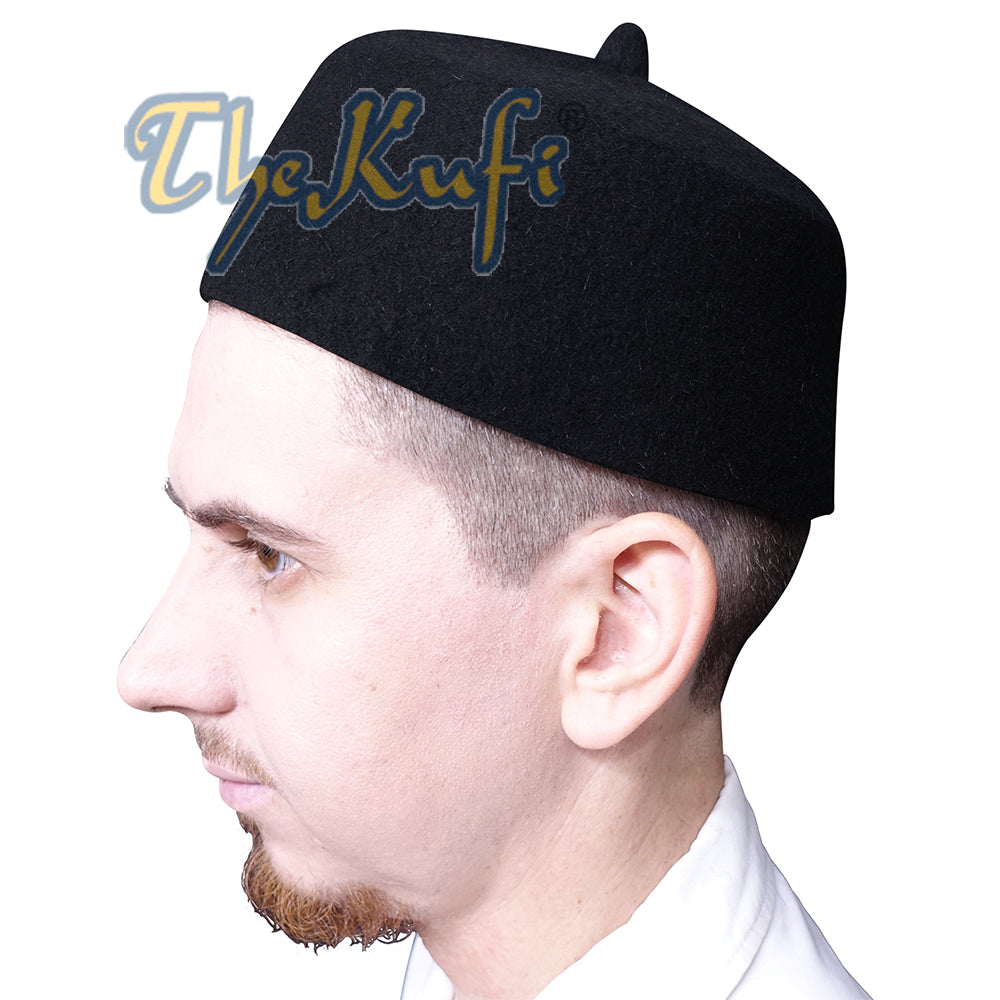 Topi Fez Bulu Felt Hitam dengan Tudung Solat Kufi Petua