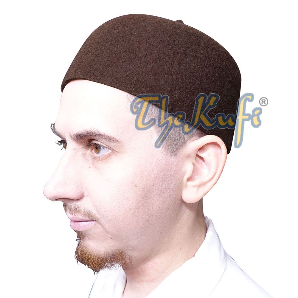 Dark Brown Felt Wool Fez Hat with Tip Kufi Prayer Cap