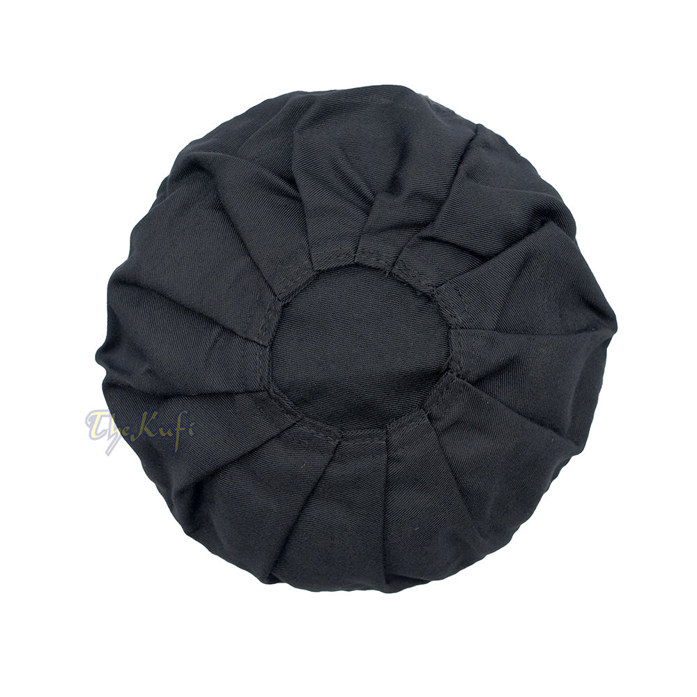 Black Muslim Kufi Hat - Handmade Pleated Top Islamic Prayer Cap Taqiyah