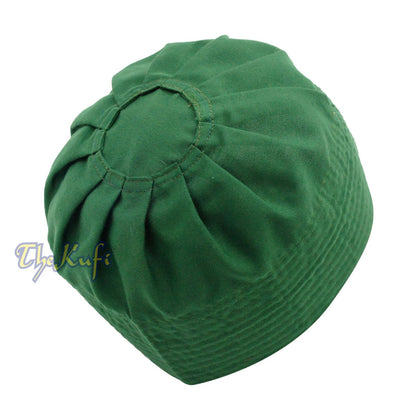 Muslim Prayer Dark Green Kufi Hat Pleated-top Fabric Handmade Taqiyah Islamic