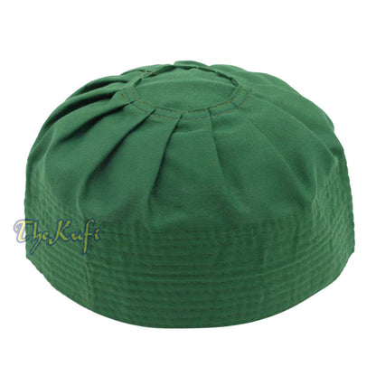Muslim Prayer Dark Green Kufi Hat Pleated-top Fabric Handmade Taqiyah Islamic