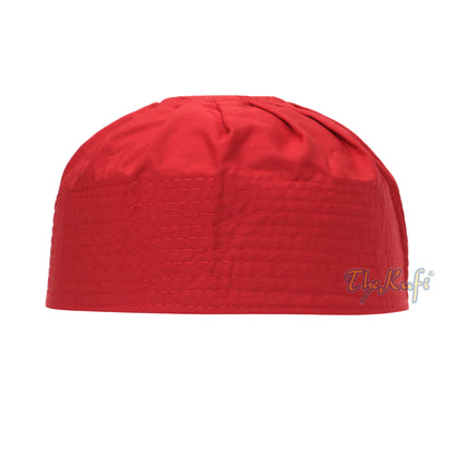 Red Cotton-Blend Pleated Top 9Cm Tall Fabric Kufi Prayer Cap Beanie