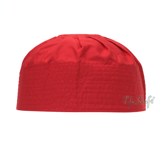 Red Cotton-Blend Ijazi Pleated Top 9 cm Tall Fabric Kufi Prayer Cap Beanie