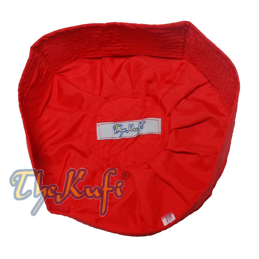 Red Cotton-Blend Ijazi Pleated Top 9 cm Tall Fabric Kufi Prayer Cap Beanie