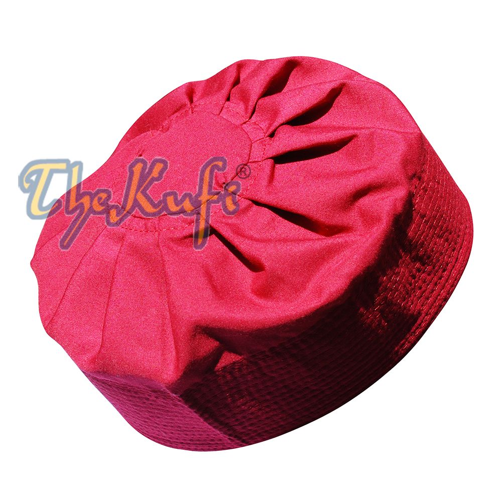 Red Cotton-Blend Ijazi Pleated Top 9 cm Tall Fabric Kufi Prayer Cap Beanie