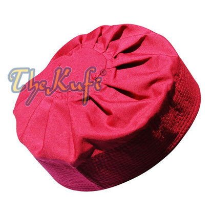 Red Cotton-Blend Ijazi Pleated Top 9 cm Tall Fabric Kufi Prayer Cap Beanie