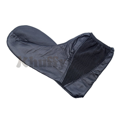 Black leather khuff socks for wudu and Islamic ablution, shown on a mannequin foot.