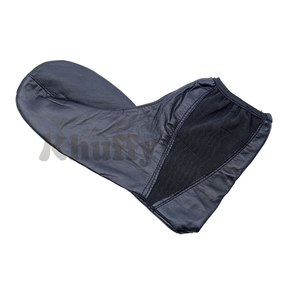 Black leather khuff socks for wudu and Islamic ablution, shown on a mannequin foot.