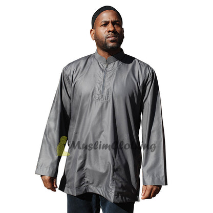 Kemeja Lelaki Lengan Panjang Kelabu Gelap dengan zip Pakaian Islamik