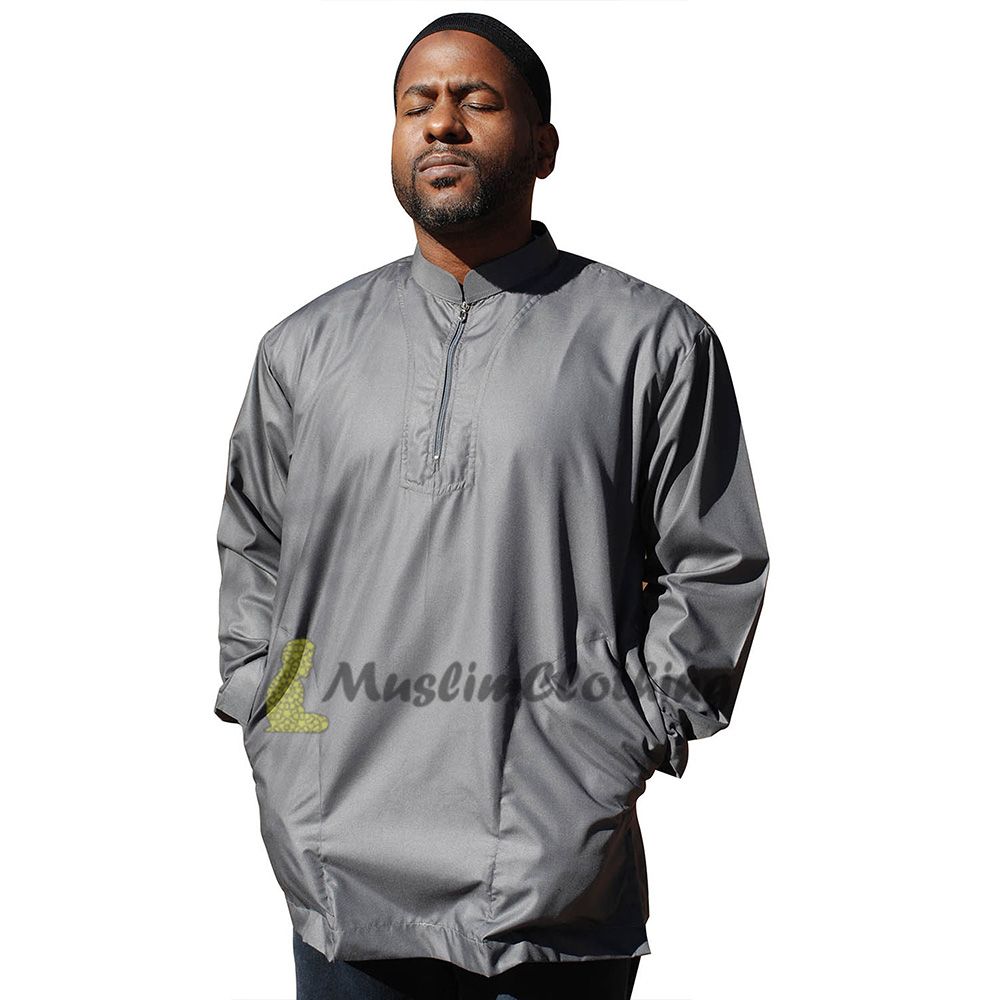 Long Sleeved Dark Gray Men’s Shirt with Zipper Clothing Islamic