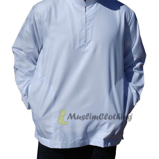 Kemeja Pria Lengan Panjang Warna Putih dengan Resleting Pakaian Islami