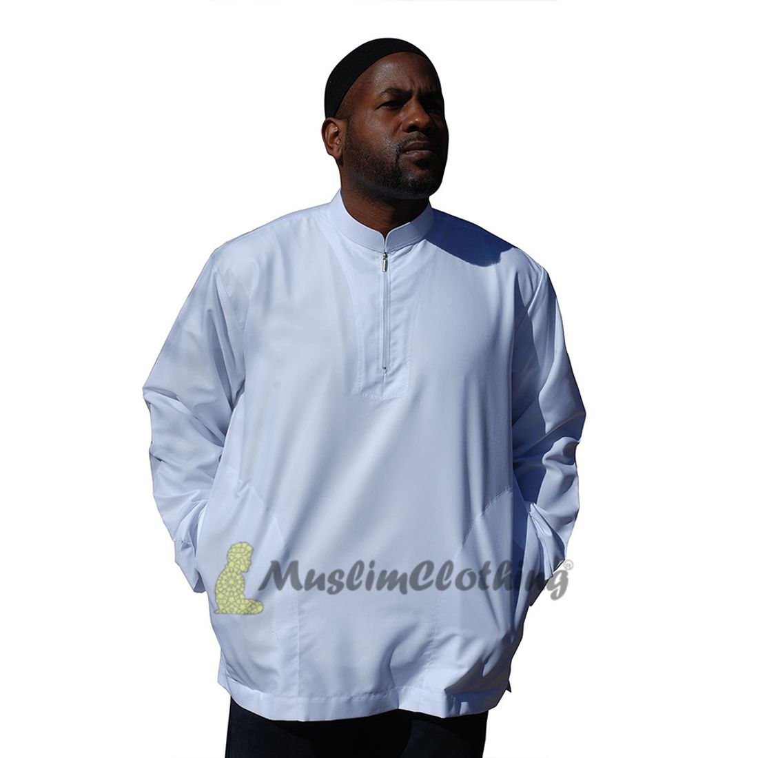 Long Sleeved White Men’s Shirt with zipper Clothing Islamic