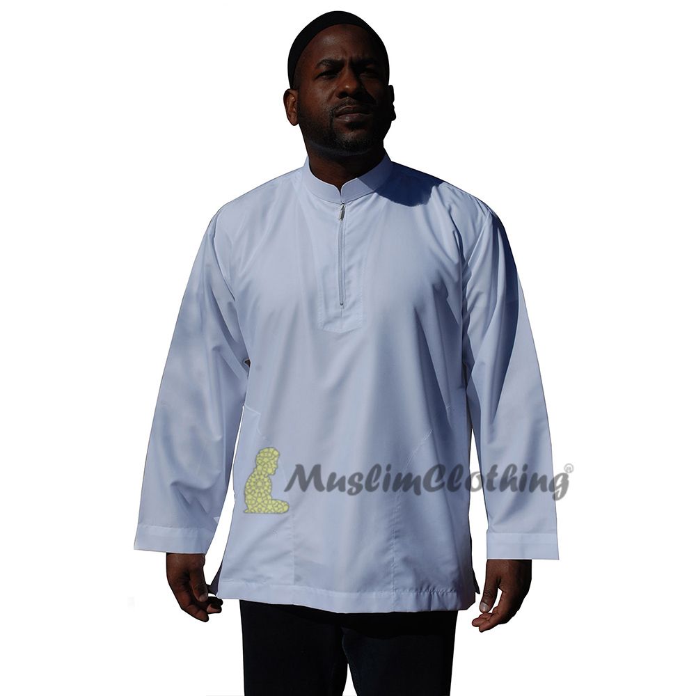 Long Sleeved White Men’s Shirt with Zipper Clothing Islamic