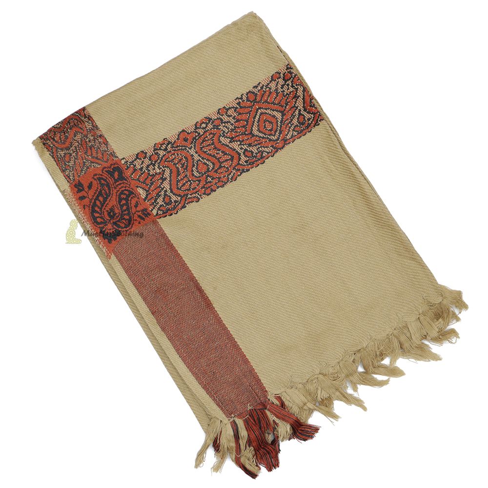 Dark Khaki Rust Brown Border Yemeni Habaib Faux Cashmere Sorban Scarf Turban with Design