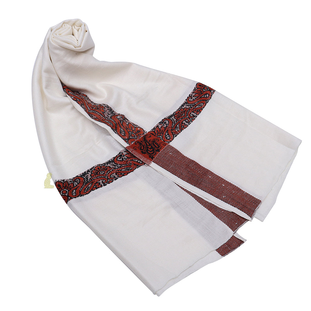 Off-White Habaib Yemeni Kashimiri Style Shawl Sorban Turban Dark Rust Brown Border Design