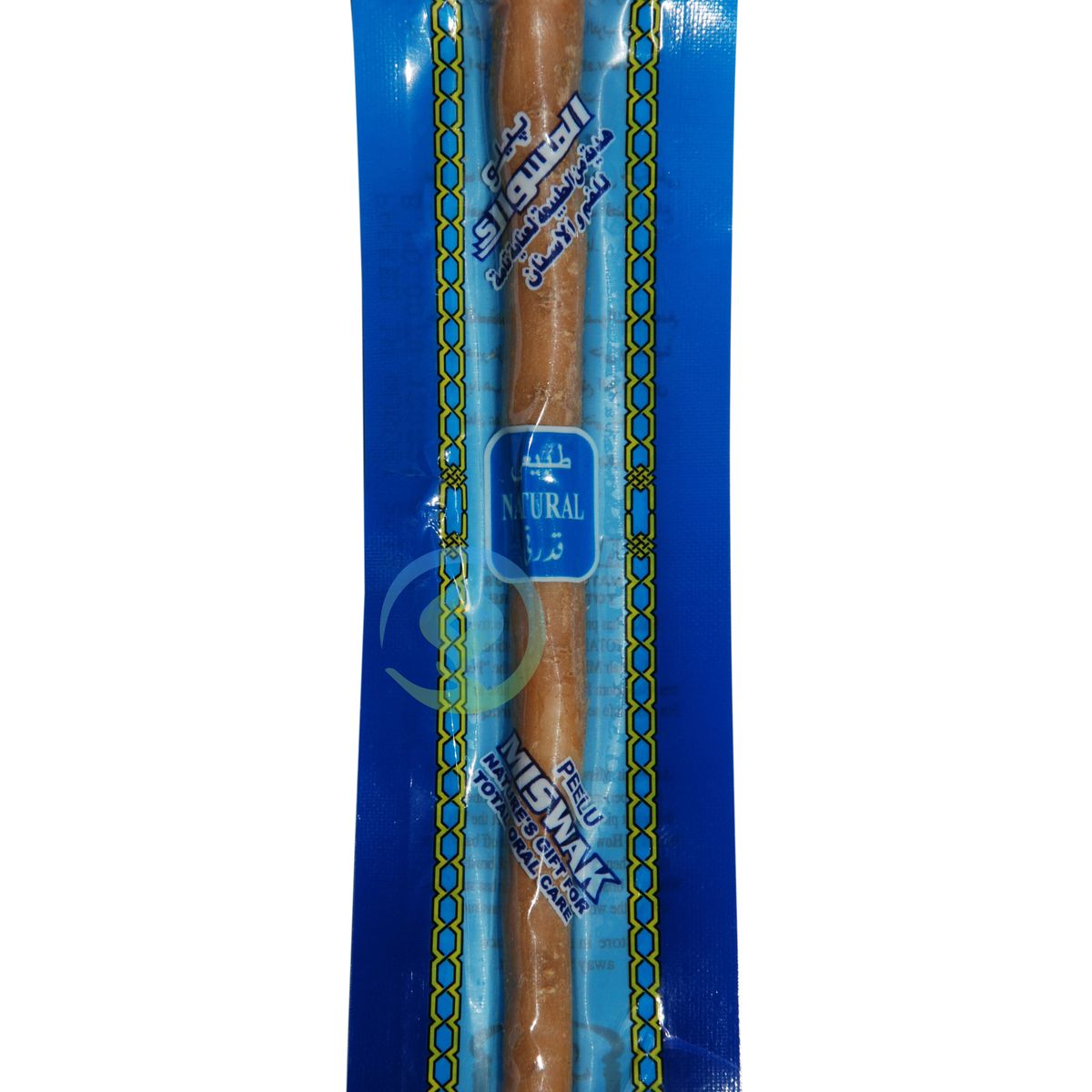 Packaged natural miswak stick in blue wrapper for oral hygiene.