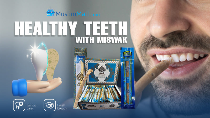MuslimMall.com banner showing a man brushing his teeth with a miswak stick, promoting healthy teeth and fresh breath.