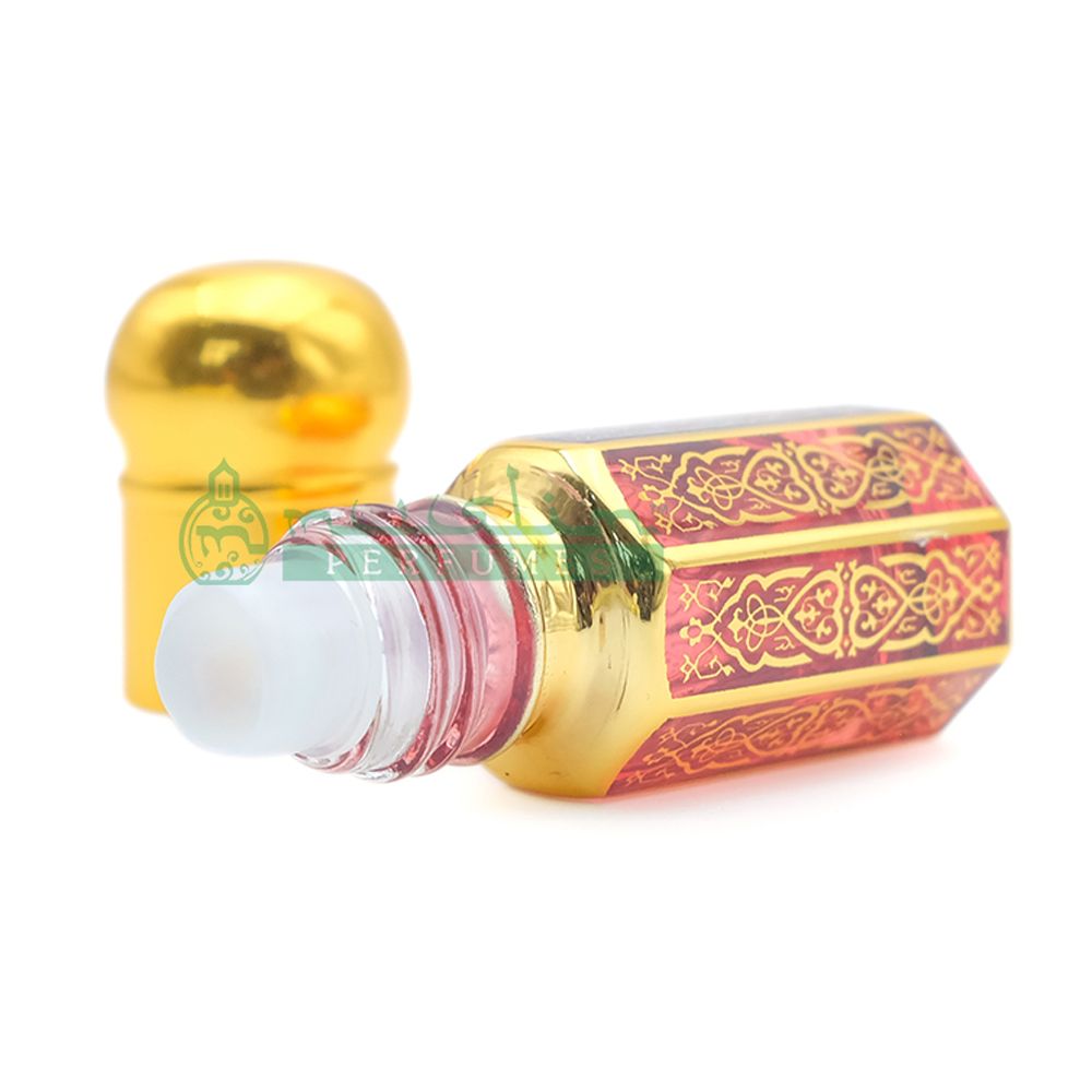 3 ml Shaykh Muhammad Perfume Oil in Small Gold-Tone Arabesque Roll-On Glass Bottle (Plastic Cap – Blue, Green, or Red)