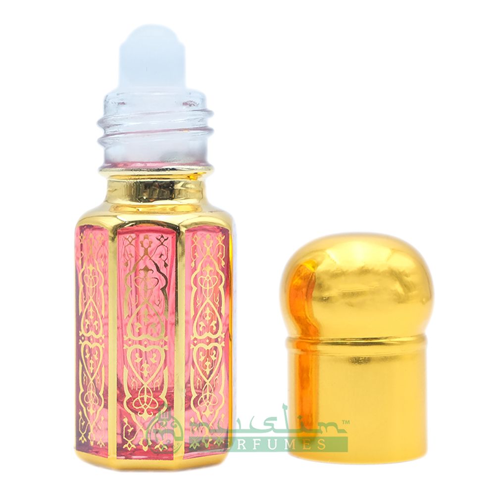 3 ml Shaykh Muhammad Perfume Oil in Small Gold-Tone Arabesque Roll-On Glass Bottle (Plastic Cap – Blue, Green, or Red)
