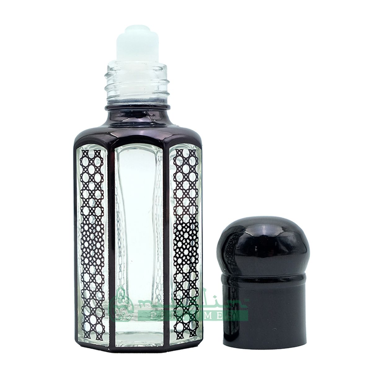 Custom Oil in 12Ml Black Glass Perfume Bottle – Arabesque Geometric Design Essential Oil Attar Roll-On