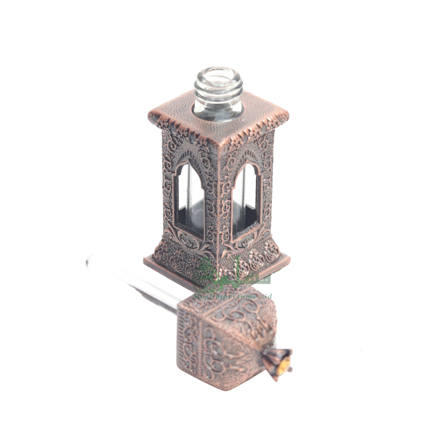 Small Empty 3 ml Andalusian Mehrab Square Red Bronze Color Arab Perfume Attar Oud Oil Bottle Islamic Glass Vial Bejeweled Dipper Cap
