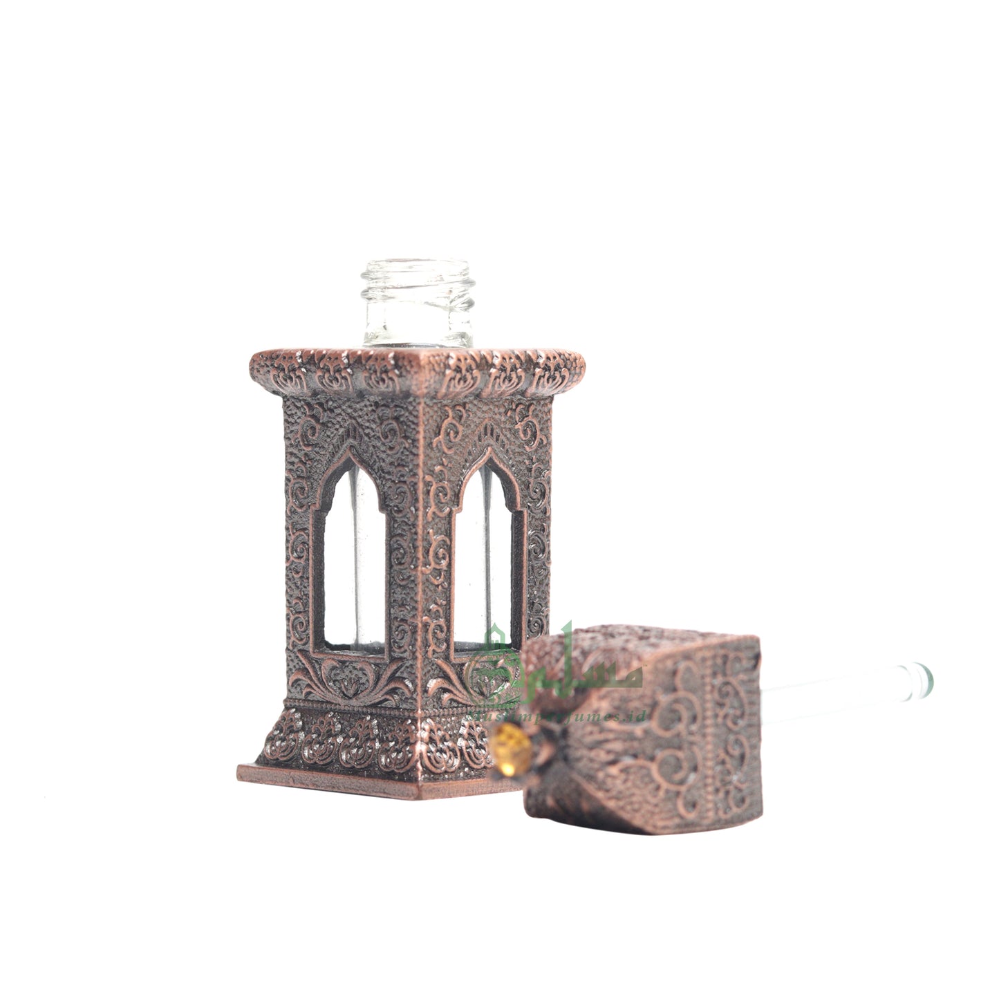 Small Empty 3 ml Andalusian Mehrab Square Red Bronze Color Arab Perfume Attar Oud Oil Bottle Islamic Glass Vial Bejeweled Dipper Cap